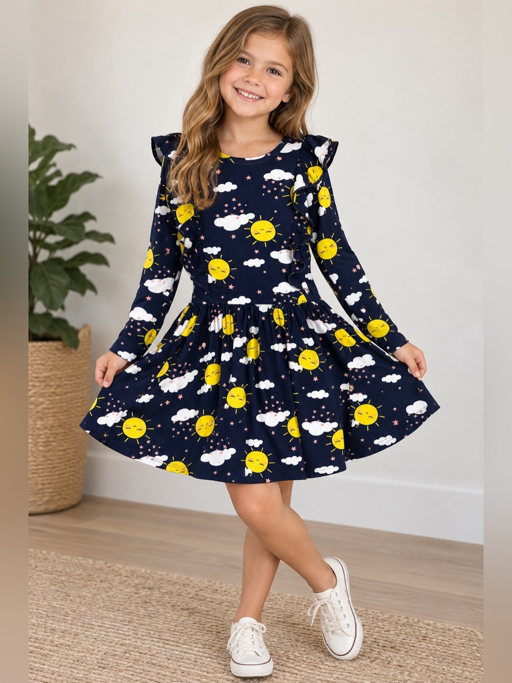 Dot Dot Smile Girls Navy Sun & Clouds Ruffle Long Sleeve Twirl Dress EUC